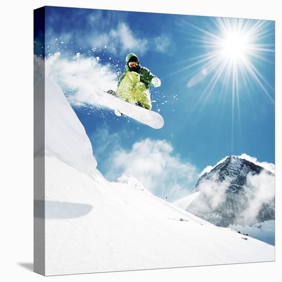 Snowboarder At Jump Inhigh Mountains At Sunny Day-dellm60-Stretched Canvas