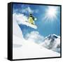 Snowboarder At Jump Inhigh Mountains At Sunny Day-dellm60-Framed Stretched Canvas