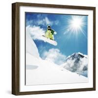 Snowboarder At Jump Inhigh Mountains At Sunny Day-dellm60-Framed Premium Photographic Print