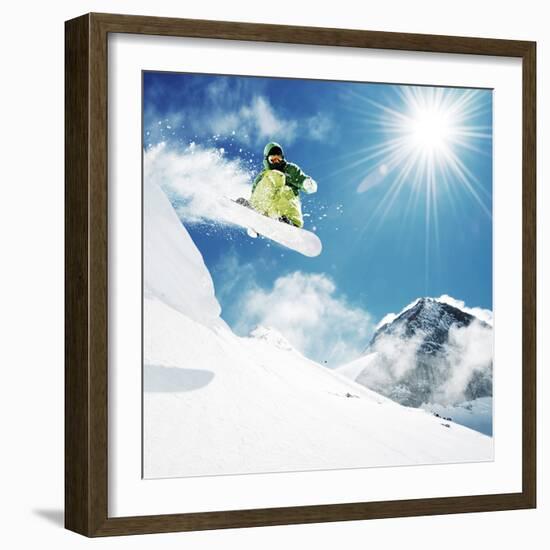 Snowboarder At Jump Inhigh Mountains At Sunny Day-dellm60-Framed Premium Photographic Print