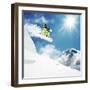 Snowboarder At Jump Inhigh Mountains At Sunny Day-dellm60-Framed Premium Photographic Print