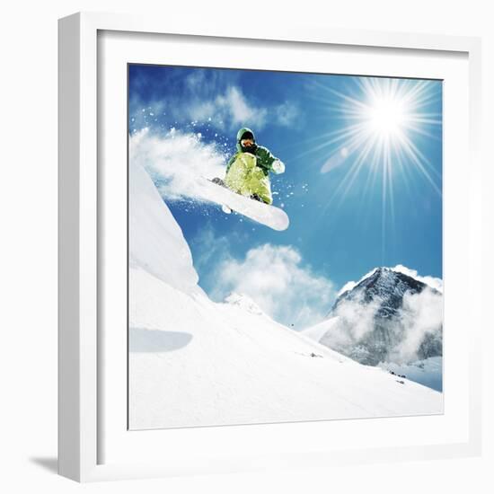 Snowboarder At Jump Inhigh Mountains At Sunny Day-dellm60-Framed Premium Photographic Print