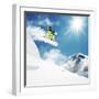 Snowboarder At Jump Inhigh Mountains At Sunny Day-dellm60-Framed Premium Photographic Print