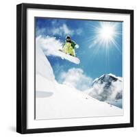 Snowboarder At Jump Inhigh Mountains At Sunny Day-dellm60-Framed Photographic Print