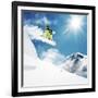 Snowboarder At Jump Inhigh Mountains At Sunny Day-dellm60-Framed Photographic Print