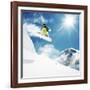 Snowboarder At Jump Inhigh Mountains At Sunny Day-dellm60-Framed Photographic Print