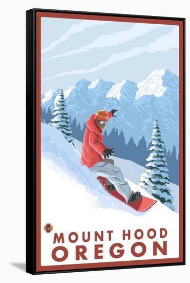 Snowboarder Scene, Mount Hood, Oregon-Lantern Press-Framed Stretched Canvas