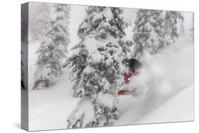 Snowboarding in powder at Whitefish Mountain, Montana, USA-Chuck Haney-Stretched Canvas