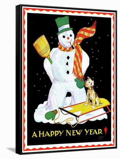 Snowman and Dog - Child Life-Eleanor Mussey Young-Framed Stretched Canvas