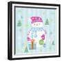 Snowman and Gift with Blue Background-null-Framed Giclee Print