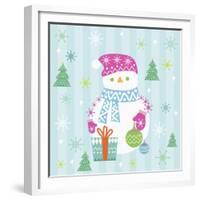 Snowman and Gift with Blue Background-null-Framed Giclee Print