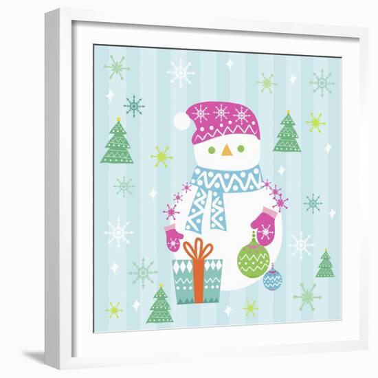 Snowman and Gift with Blue Background-null-Framed Giclee Print