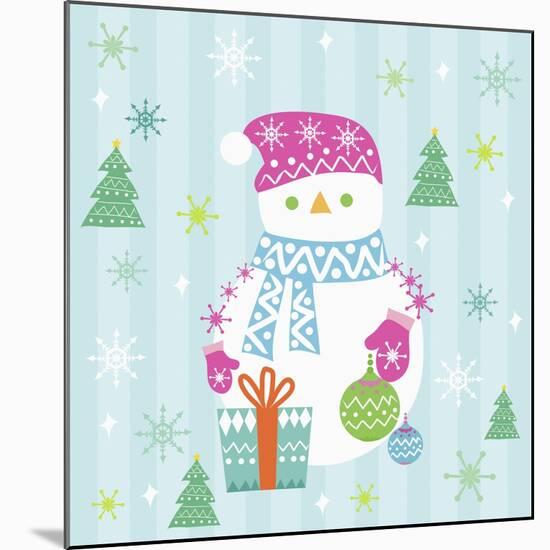 Snowman and Gift with Blue Background-null-Mounted Giclee Print