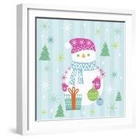 Snowman and Gift with Blue Background-null-Framed Giclee Print