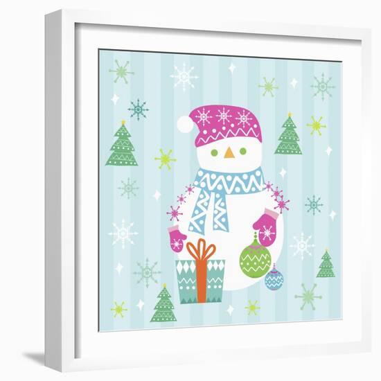 Snowman and Gift with Blue Background-null-Framed Giclee Print