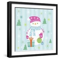 Snowman and Gift with Blue Background-null-Framed Giclee Print