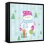 Snowman and Gift with Blue Background-null-Framed Stretched Canvas