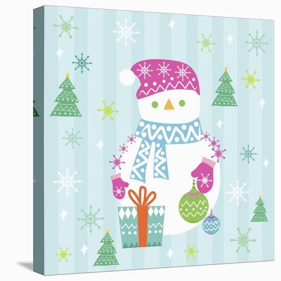 Snowman and Gift with Blue Background-null-Stretched Canvas