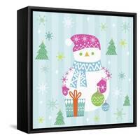 Snowman and Gift with Blue Background-null-Framed Stretched Canvas