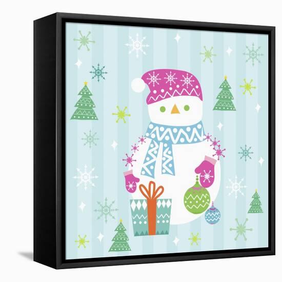 Snowman and Gift with Blue Background-null-Framed Stretched Canvas