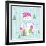 Snowman and Gift with Blue Background-null-Framed Giclee Print