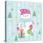 Snowman and Gift with Blue Background-null-Stretched Canvas