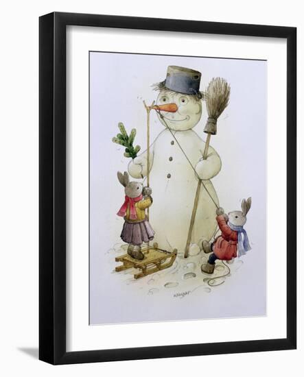 Snowman and Hares, 1999-Kestutis Kasparavicius-Framed Giclee Print