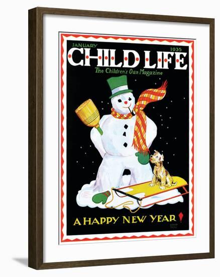 Snowman & Dog - Child Life, January 1935-Eleanor Mussey Young-Framed Giclee Print