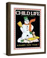 Snowman & Dog - Child Life, January 1935-Eleanor Mussey Young-Framed Giclee Print