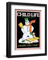 Snowman & Dog - Child Life, January 1935-Eleanor Mussey Young-Framed Premium Giclee Print