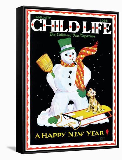 Snowman & Dog - Child Life, January 1935-Eleanor Mussey Young-Framed Stretched Canvas