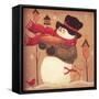 Snowman Holding a Basket Standing Near 3 Bird Houses with a Red Bird and a Bunny-Beverly Johnston-Framed Stretched Canvas