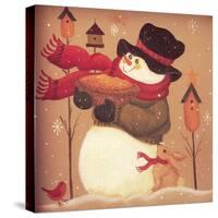 Snowman Holding a Basket Standing Near 3 Bird Houses with a Red Bird and a Bunny-Beverly Johnston-Stretched Canvas