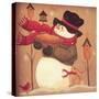 Snowman Holding a Basket Standing Near 3 Bird Houses with a Red Bird and a Bunny-Beverly Johnston-Stretched Canvas
