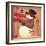 Snowman Holding a Basket Standing Near 3 Bird Houses with a Red Bird and a Bunny-Beverly Johnston-Framed Giclee Print