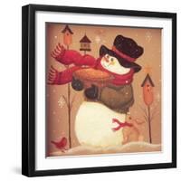 Snowman Holding a Basket Standing Near 3 Bird Houses with a Red Bird and a Bunny-Beverly Johnston-Framed Giclee Print