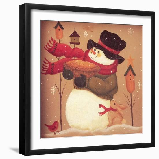 Snowman Holding a Basket Standing Near 3 Bird Houses with a Red Bird and a Bunny-Beverly Johnston-Framed Giclee Print