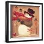 Snowman Holding a Basket Standing Near 3 Bird Houses with a Red Bird and a Bunny-Beverly Johnston-Framed Giclee Print