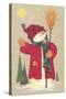 Snowman Holding a Broom, Waving to Someone in the Distance-Beverly Johnston-Stretched Canvas