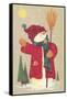 Snowman Holding a Broom, Waving to Someone in the Distance-Beverly Johnston-Framed Stretched Canvas
