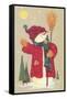 Snowman Holding a Broom, Waving to Someone in the Distance-Beverly Johnston-Framed Stretched Canvas