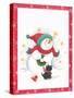 Snowman Holding a Wreath with a Black Dog and a Small Red Bird in the Snow-Beverly Johnston-Stretched Canvas