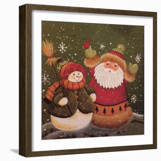 Snowman (Holding Broom) and Santa (Holding Red Bird)-Beverly Johnston-Framed Giclee Print