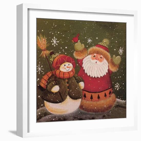 Snowman (Holding Broom) and Santa (Holding Red Bird)-Beverly Johnston-Framed Giclee Print