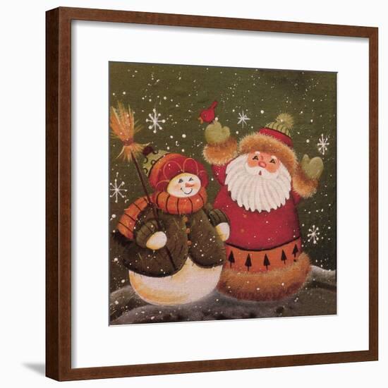 Snowman (Holding Broom) and Santa (Holding Red Bird)-Beverly Johnston-Framed Giclee Print