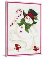 Snowman Marching with 2 Birds-Beverly Johnston-Stretched Canvas