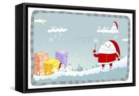 Snowman Wearing Santa Clothes with Blue Winter Background-null-Framed Stretched Canvas