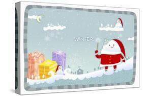 Snowman Wearing Santa Clothes with Blue Winter Background-null-Stretched Canvas