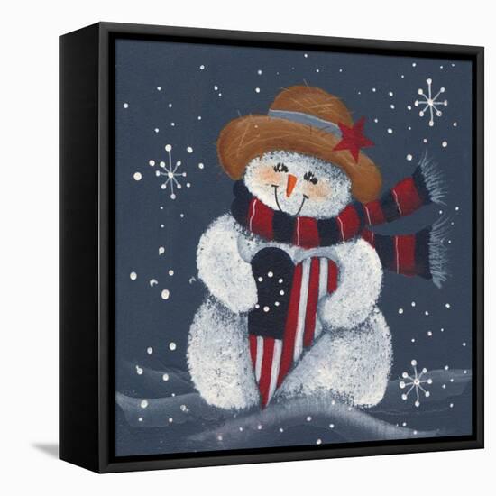 Snowman with Big Heart-Beverly Johnston-Framed Stretched Canvas