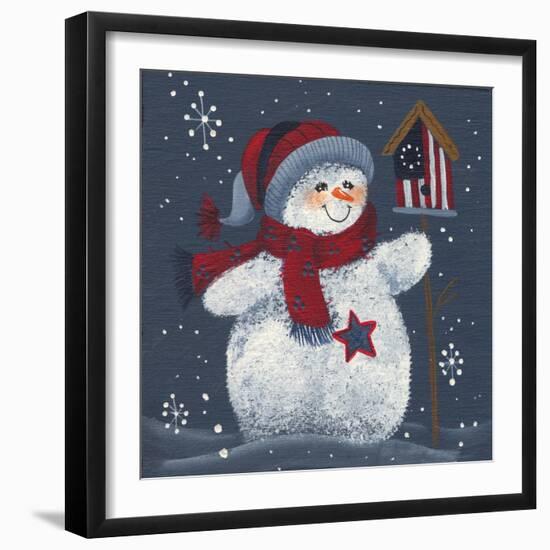 Snowman with Bird House-Beverly Johnston-Framed Giclee Print